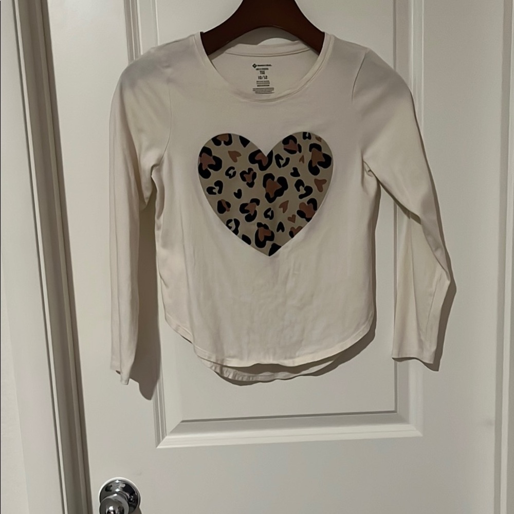 Kids White Long Sleeve Shirt with Leopard Heart